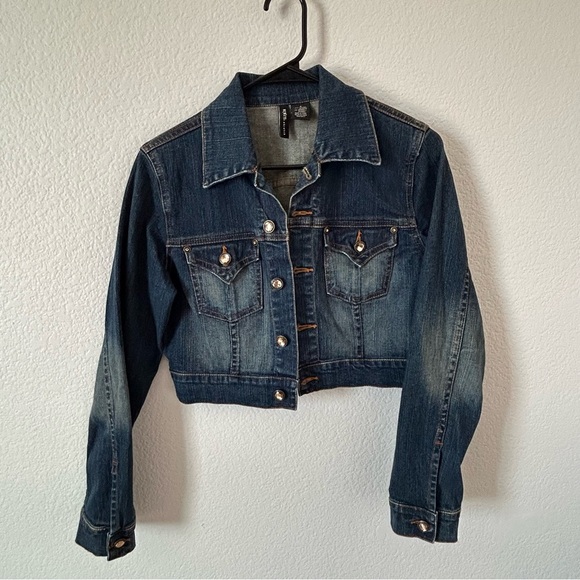 Mixit Jackets & Blazers - Mixit Cropped Dark Blue Faded Denim Jacket with Jewel Buttons